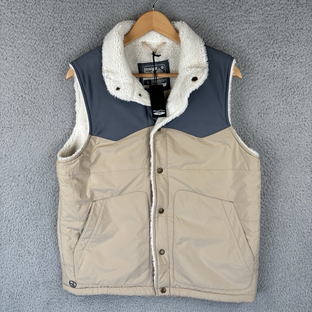 NEW Straight Down Vest Mens Smalll Gray Cream Sherpa Lined Snap Golf Outdoor